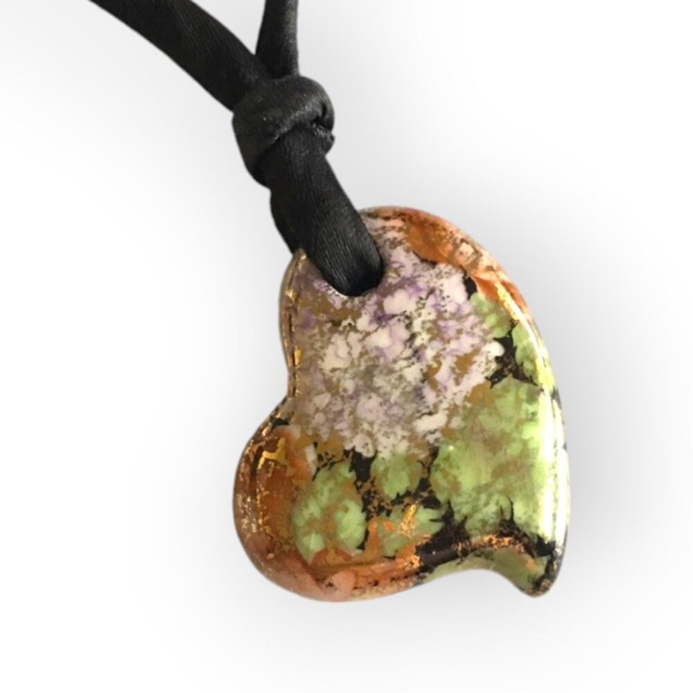 Painted multicolor ceramic heart pendant necklace on a black cord
